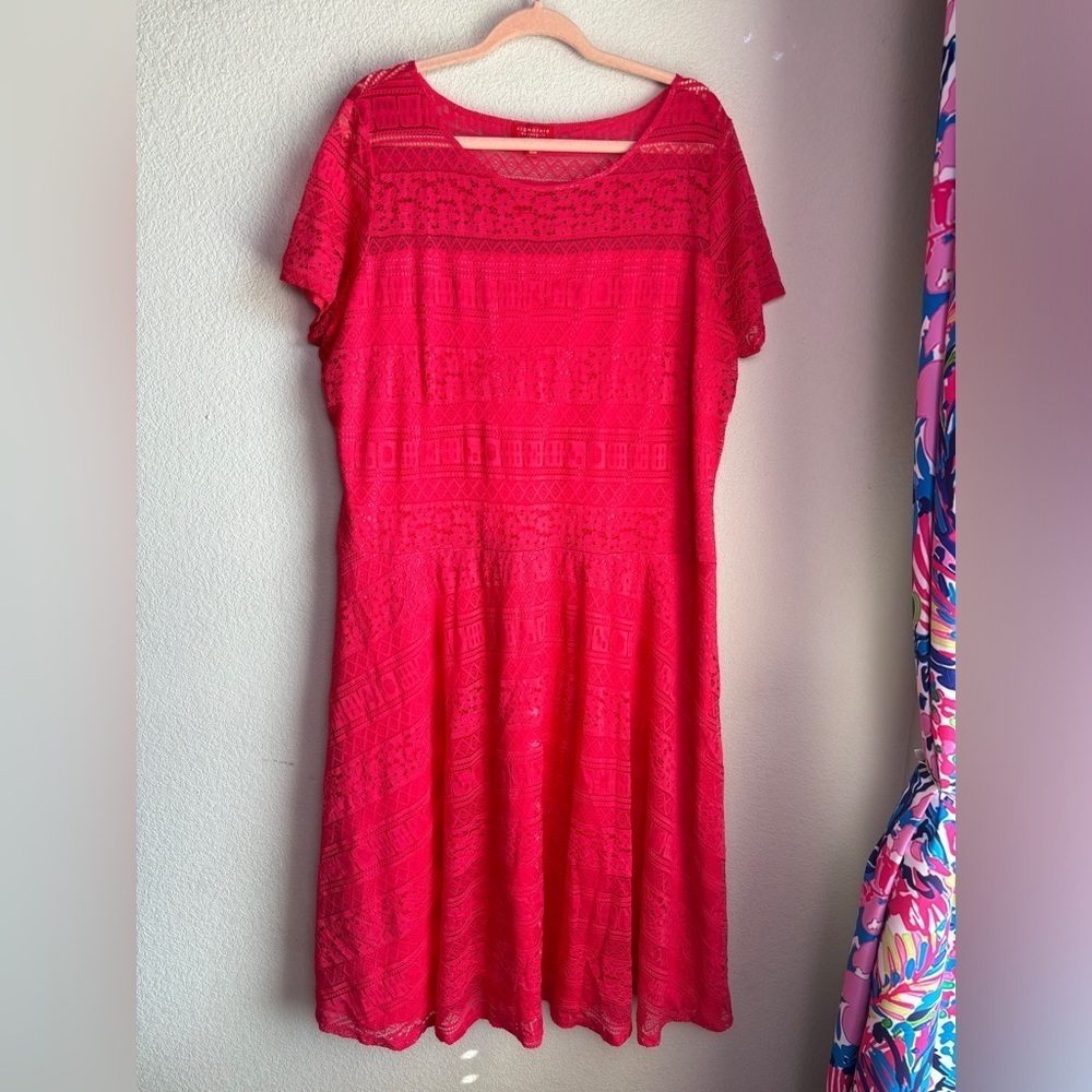Signature by Sangria Coral Red Lace Overlay Short Sleeve Fit & Flare Dress 20W